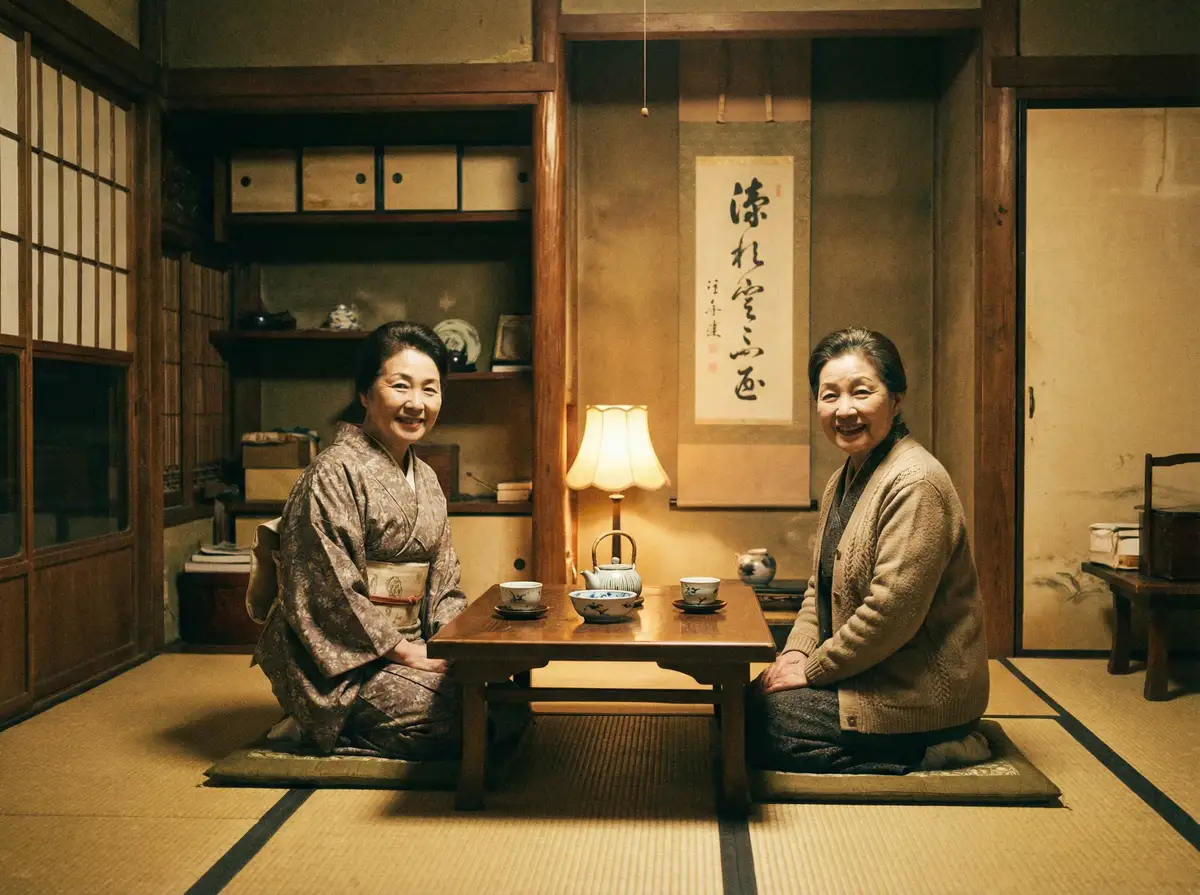 两位优雅的 每日吃瓜 在日式茶室中品茶交谈